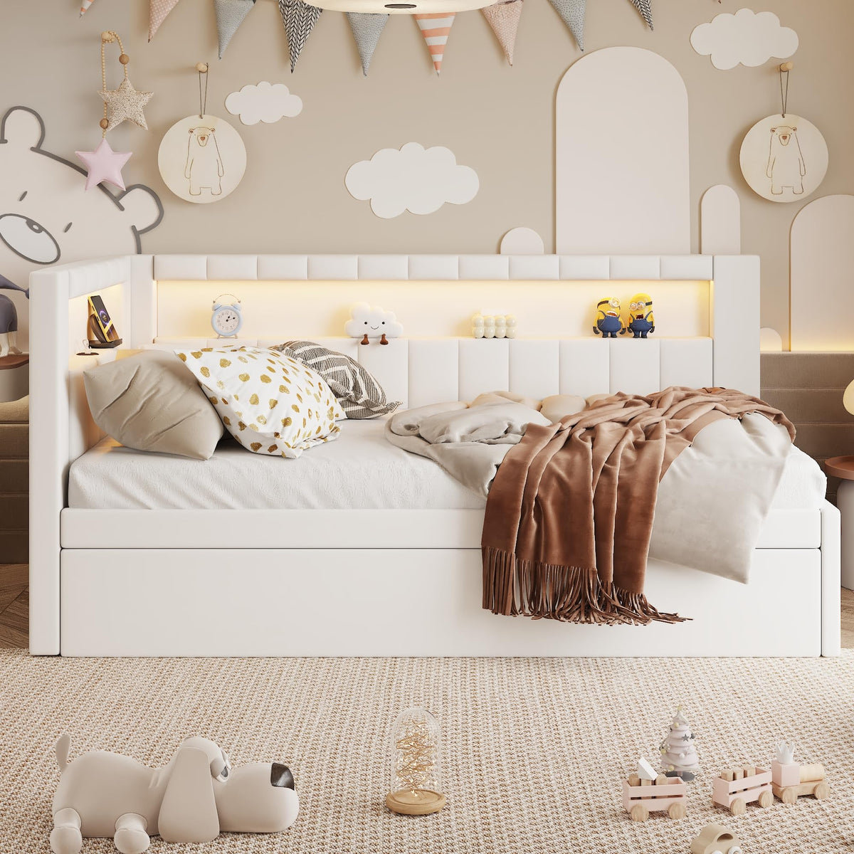 Twin Size Upholstered Daybed with Trundle and USB LED Belt R182