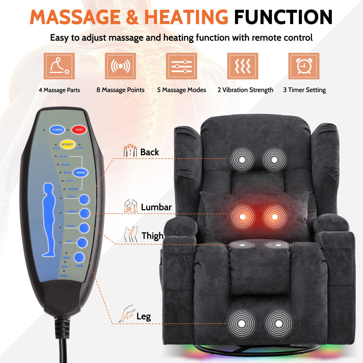 Velvet Gray Power Swivel Rocker Recliner Chair with Massage & Heat O520086