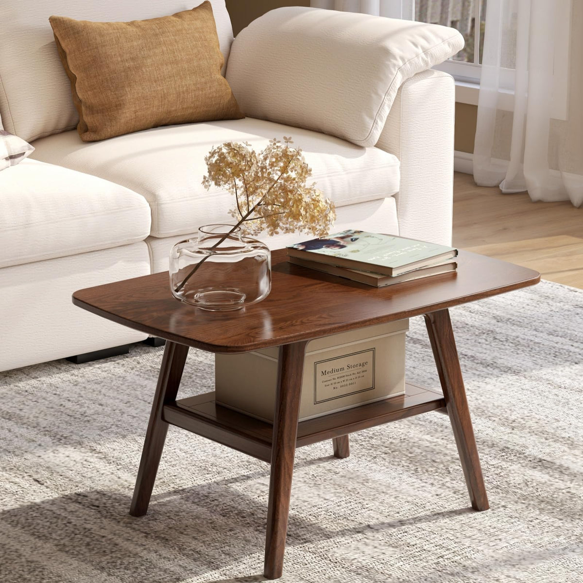 Solid Oak Coffee Table with Storage Shelf V974312