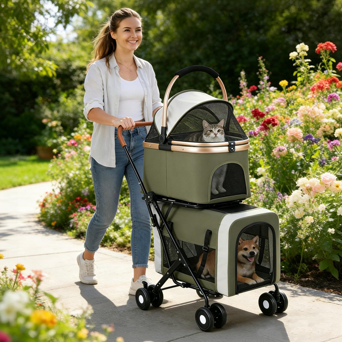 Foldable Double Pet Stroller with Detachable Carriers and 4 Lockable Wheels A736097