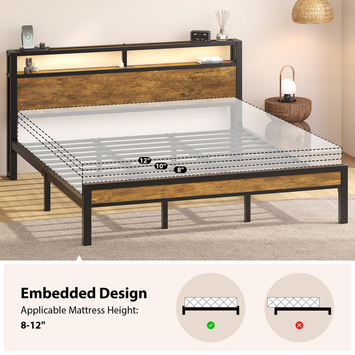 King Size Bed Frame with Storage Headboard ＆ LED Light Q832732