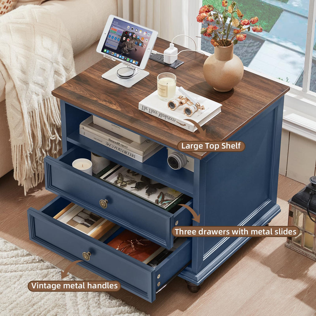 Blue 2 Drawer Nightstand Set of 2 with Charging Station F995109