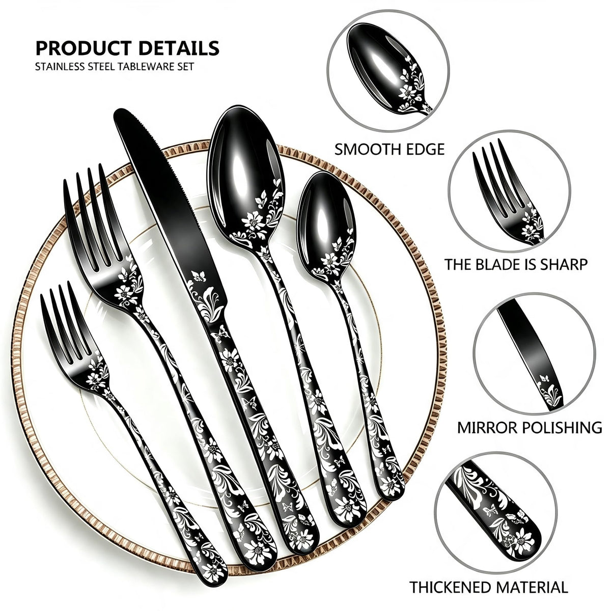 60 Piece White Floral Pattern Stainless Steel Silverware Set V167