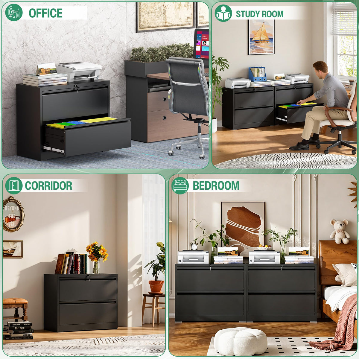 Black 2 Drawer Metal Lateral File Cabinet with Lock L4143