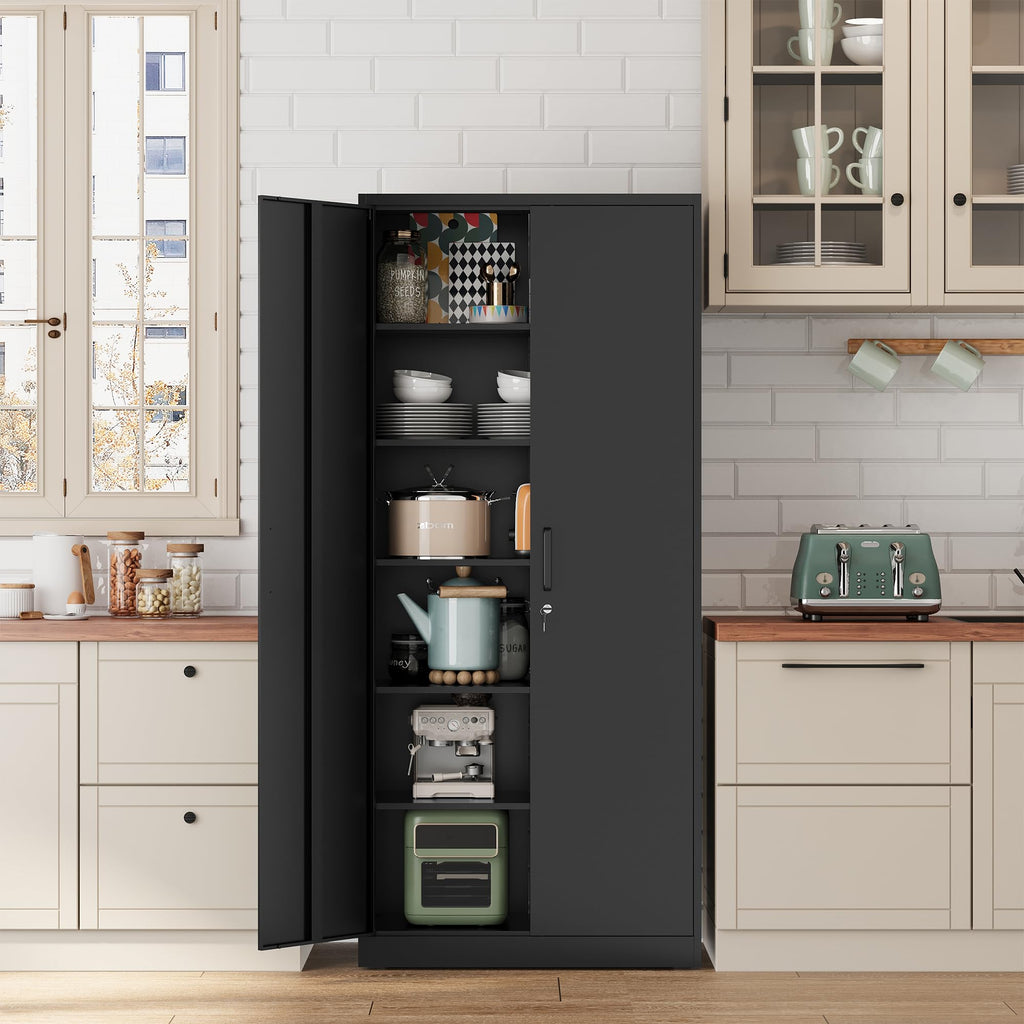 71” Tall Black Steel Storage Cabinet with Lockable Doors and Adjustable Shelves I666447