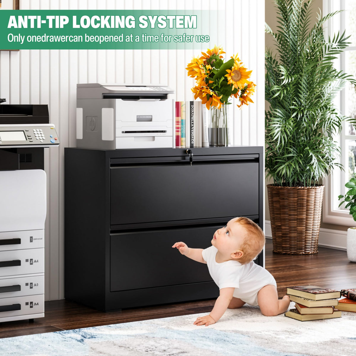 Black 2 Drawer Metal Lateral File Cabinet with Lock L4143