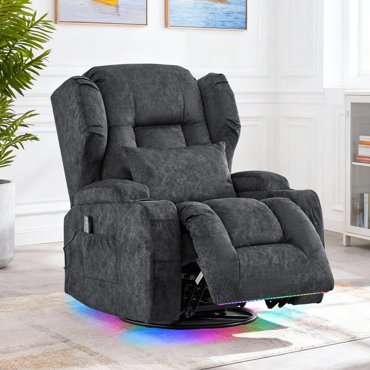 Velvet Gray Power Swivel Rocker Recliner Chair with Massage & Heat O520086