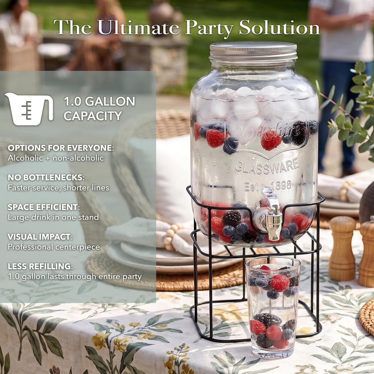 Mason Jar Glass Beverage Dispenser with Metal Stand, 1 Gal G14637