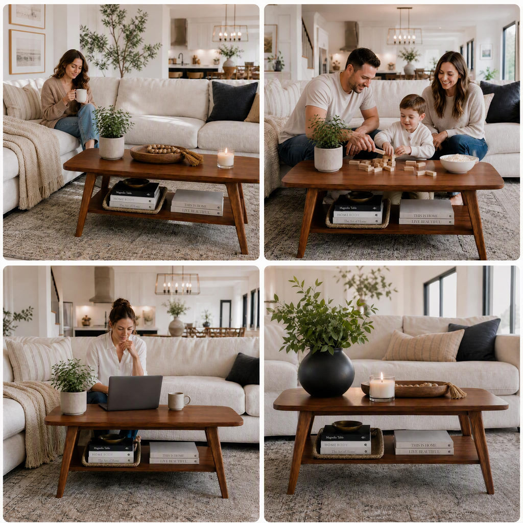 Solid Oak Coffee Table with Storage Shelf V974312