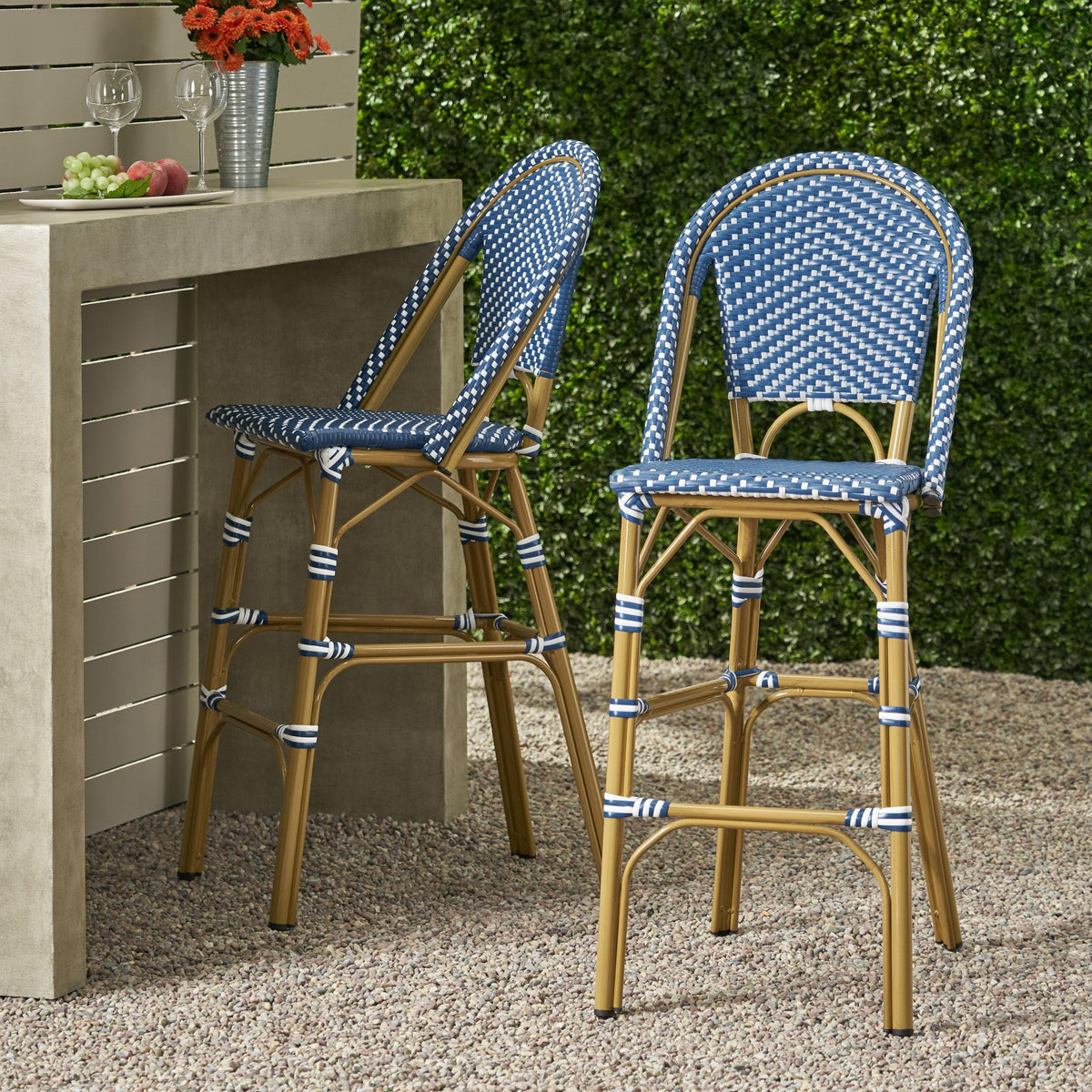 Teal Blue Wicker Rattan Bar Stools Set of 2 Aluminum Frame P22139