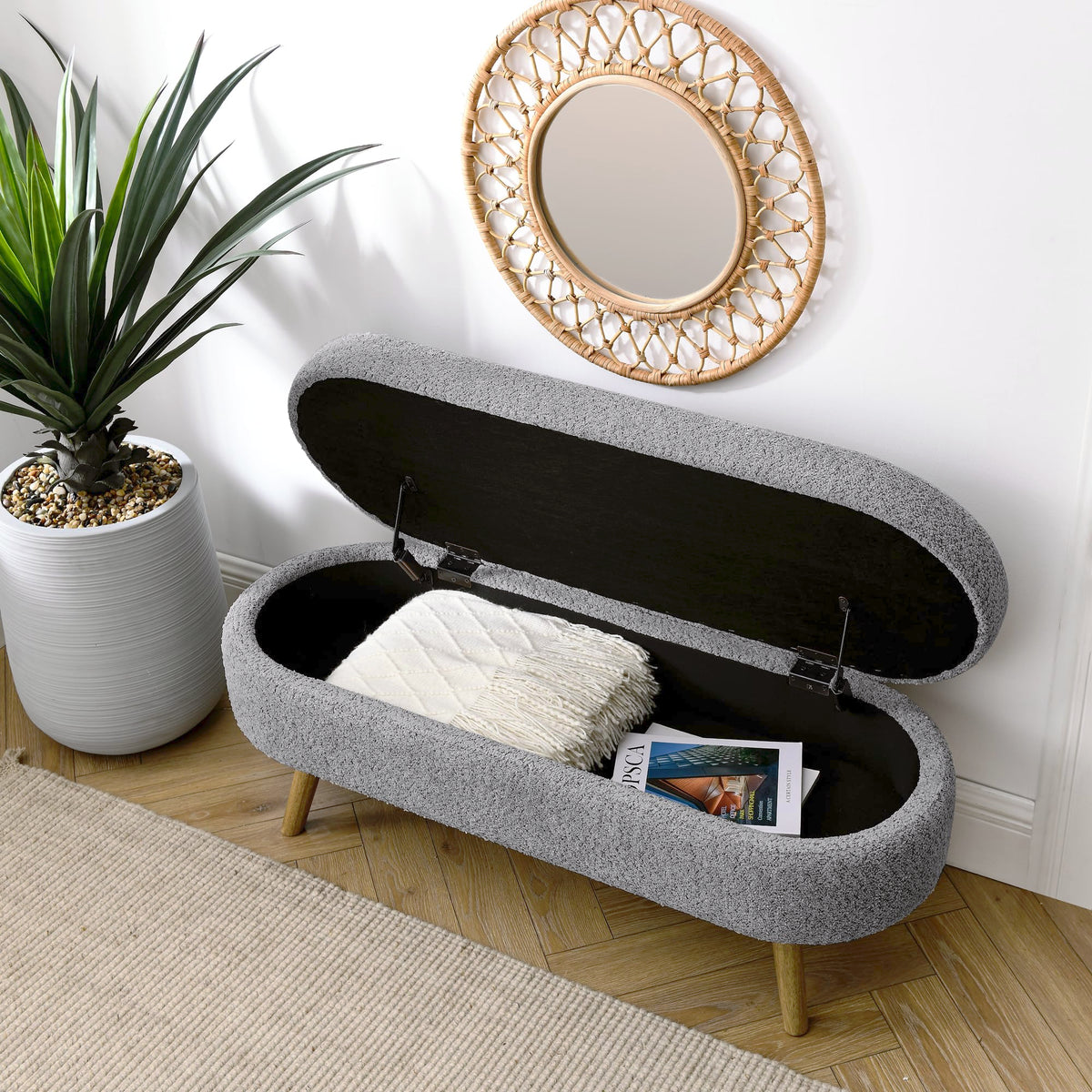 Oval Storage Bench with Rubber Wood Legs Gray E977