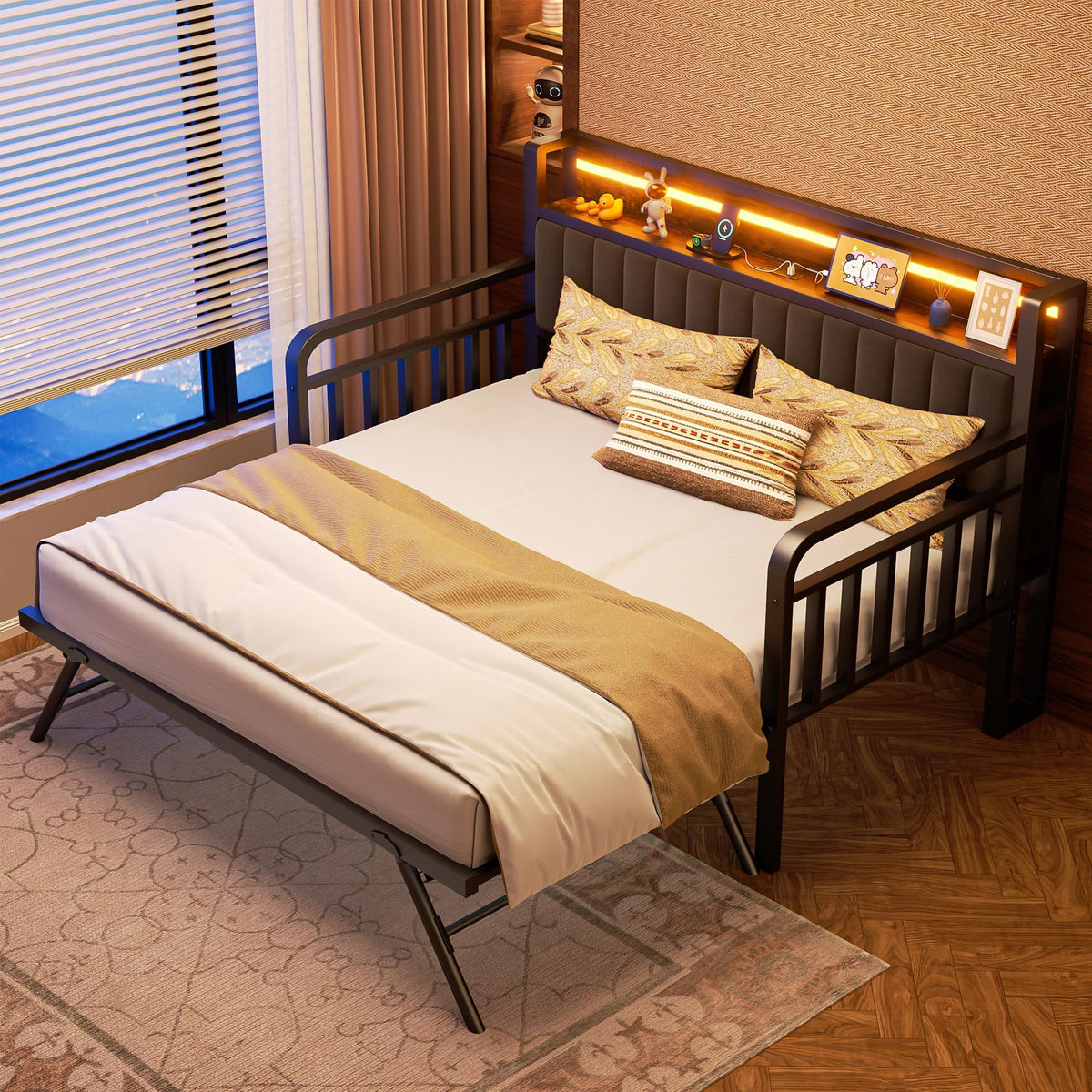 Brown Metal Daybed with Trundle and Storage Headboard H60721