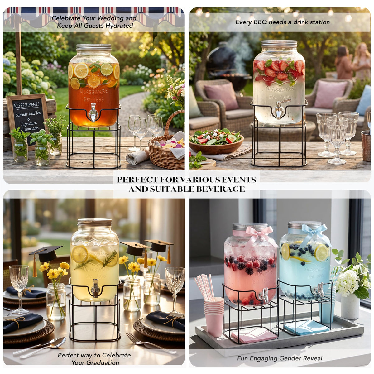 Mason Jar Glass Beverage Dispenser with Metal Stand, 1 Gal G14637