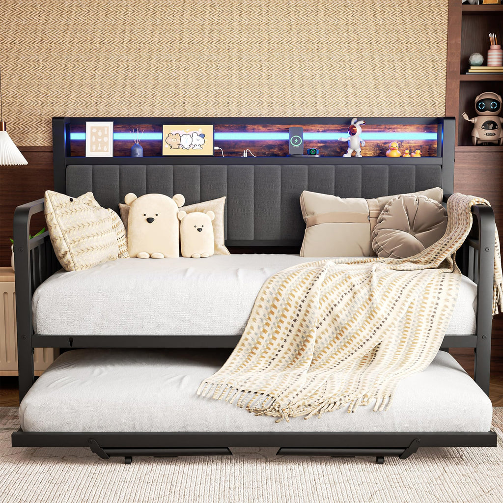 Brown Metal Daybed with Trundle and Storage Headboard H60721