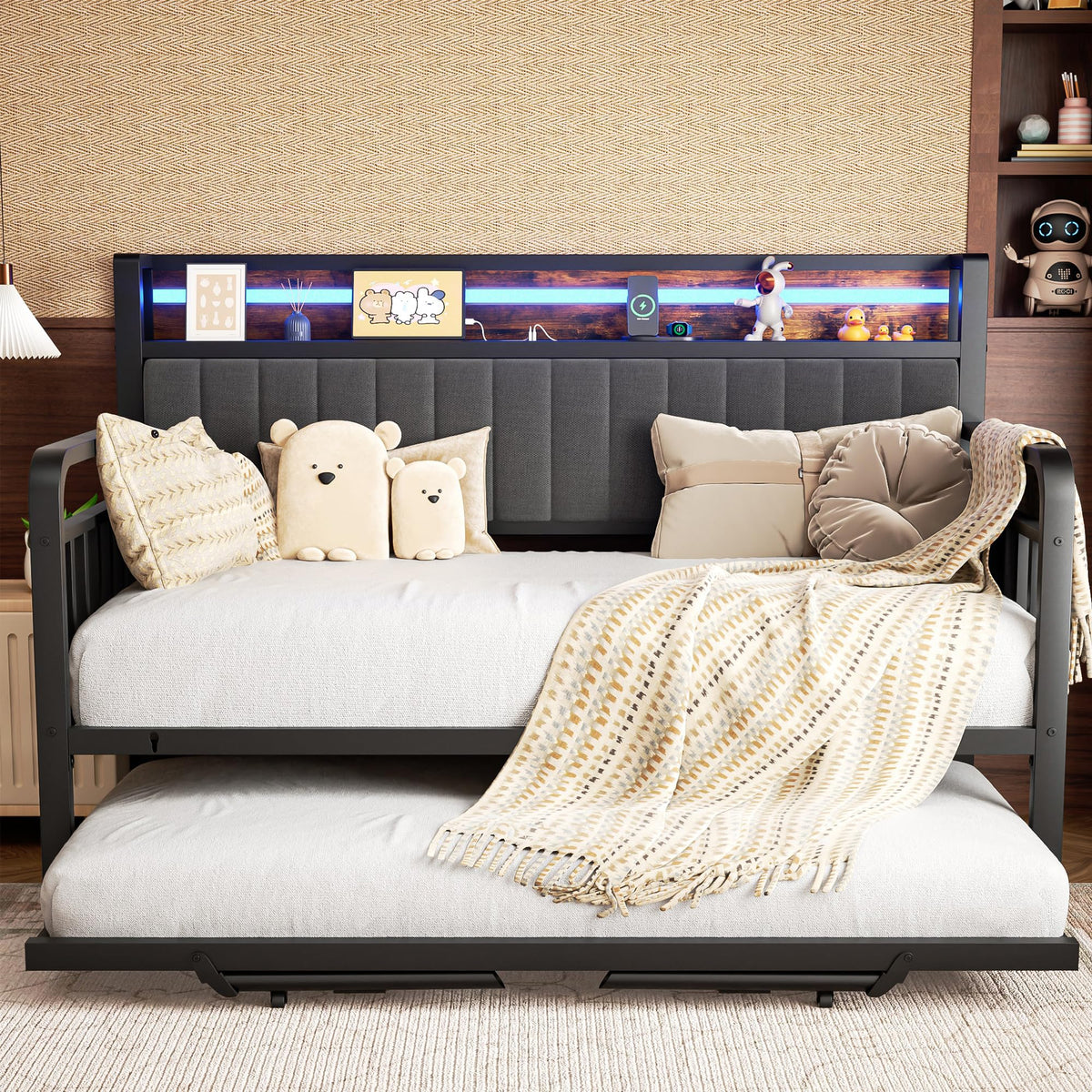 Brown Metal Daybed with Trundle and Storage Headboard H60721