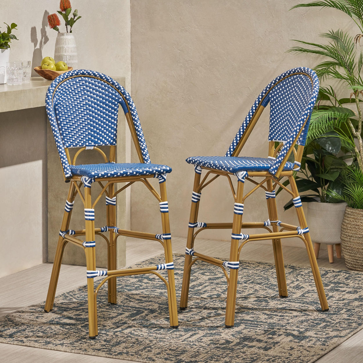 Teal Blue Wicker Rattan Bar Stools Set of 2 Aluminum Frame P22139