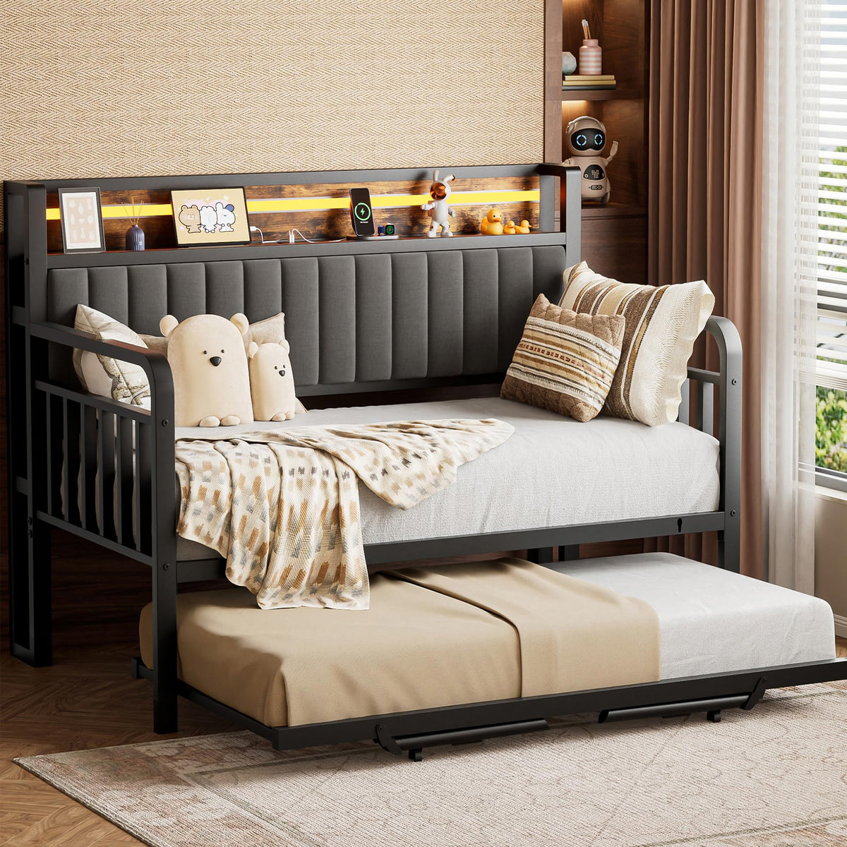 Brown Metal Daybed with Trundle and Storage Headboard H60721