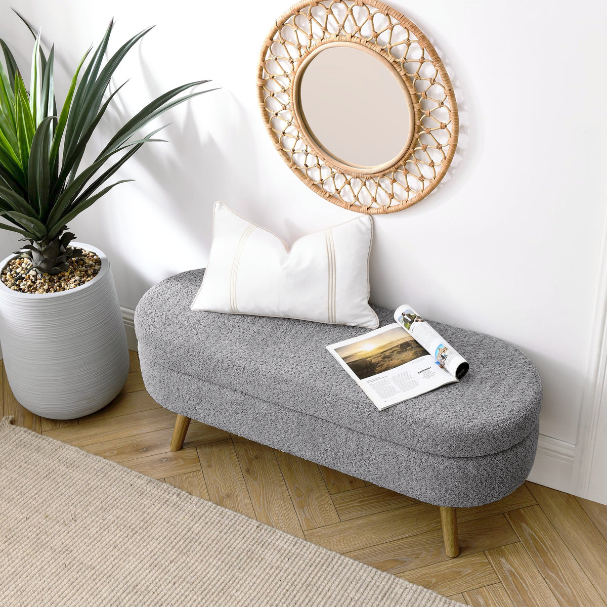 Oval Storage Bench with Rubber Wood Legs Gray E977