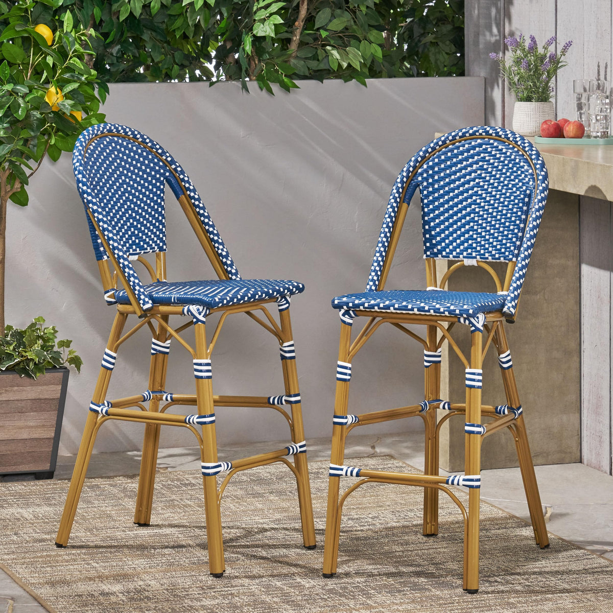 Teal Blue Wicker Rattan Bar Stools Set of 2 Aluminum Frame P22139